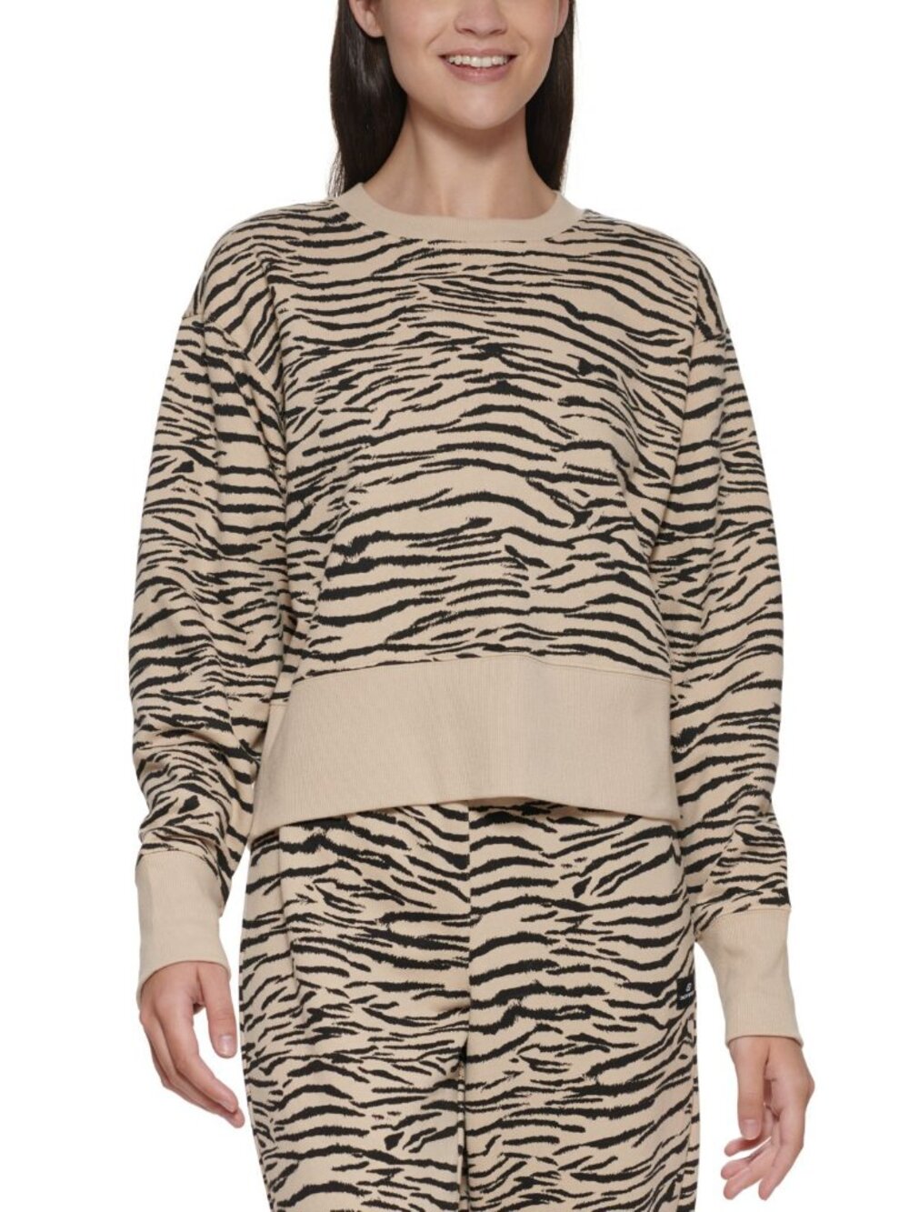 DKNY Womens Activewear Sport Tiger-Print Cropped Sweatshirt